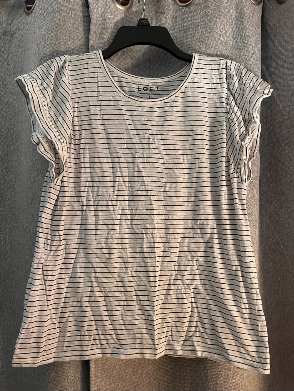 LOFT White and Black Striped Ruffle Sleeve Tee